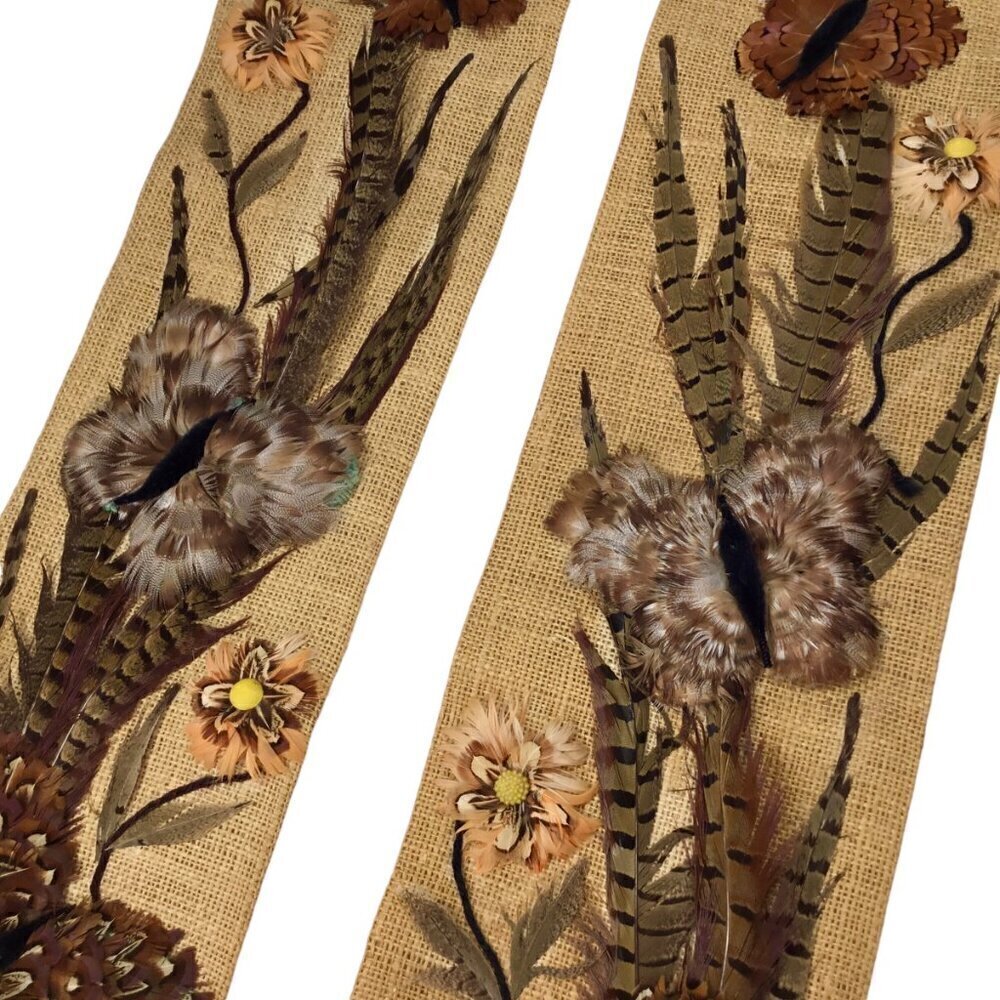 Vtg 3D Folk Art Feather Craft Art Burlap Wall Hanging Bell Pull Butterfly OOAK - Picture 5 of 12